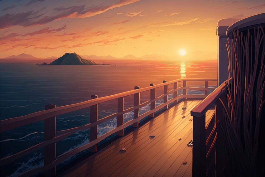 Sunset on an Ocean Cruise Ship: Anime Art Style