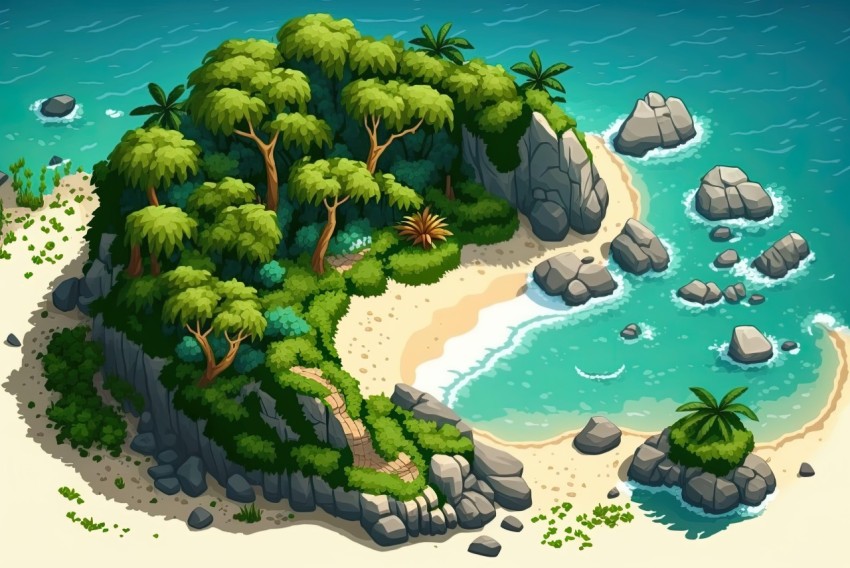 Isometric Island with Trees and Rocks - En Plein Air Beach Scene