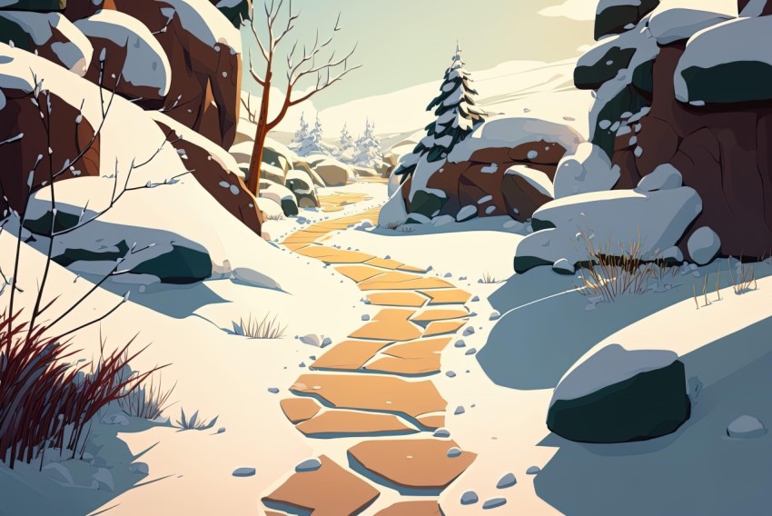 Snowy Path Illustration: Topographical Realism and Nature-Inspired Motifs