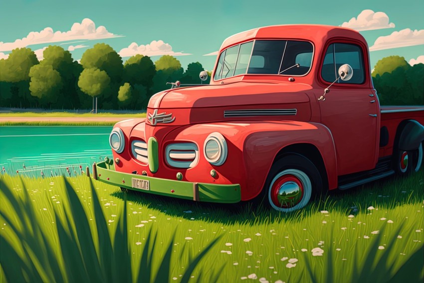 Red Truck Parked Behind a Tree - Cartoon Realism with Romantic Riverscapes