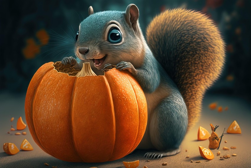 Whimsical 3D Illustration of a Squirrel Eating Pumpkin