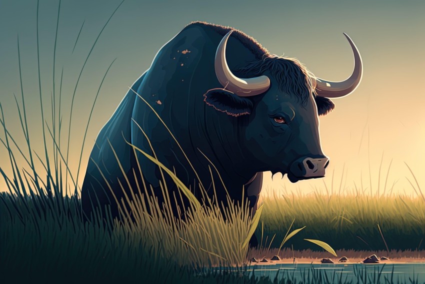Hauntingly Beautiful Illustrations of a Black Bull in Lively Nature Scenes