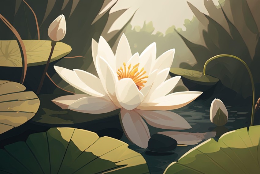 White Water Lily Illustration | Mysterious Jungle Atmosphere