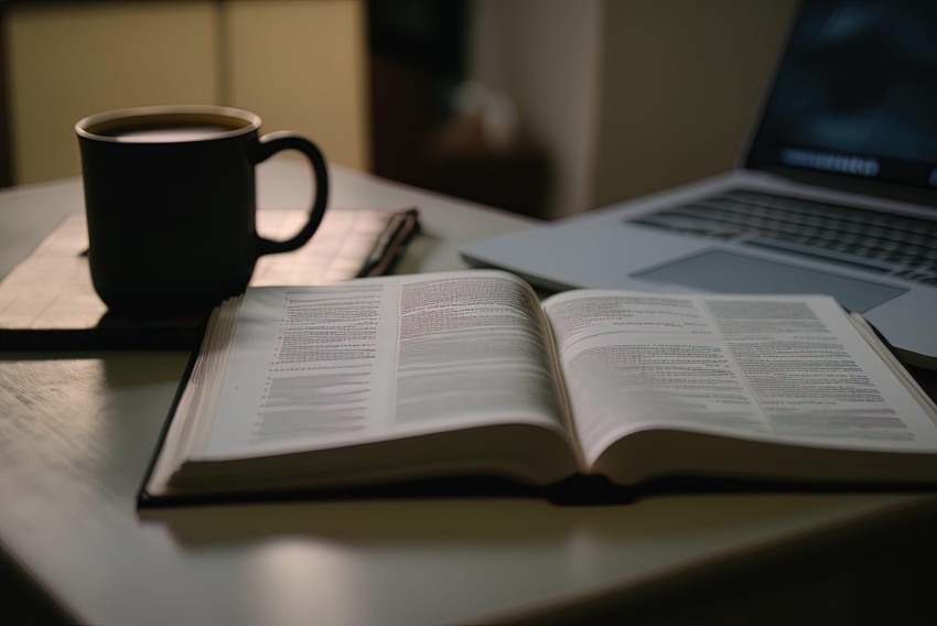 Open Bible with Coffee Cup and Laptop on Desk | Sony FE 12-24mm f/2.8 GM