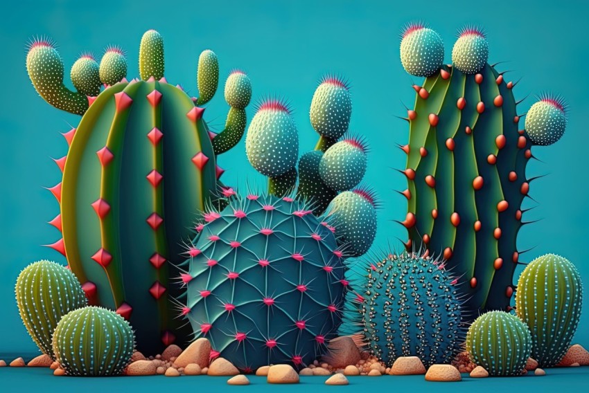 Colorful 3D Cactus Illustration on a Psychedelic Background