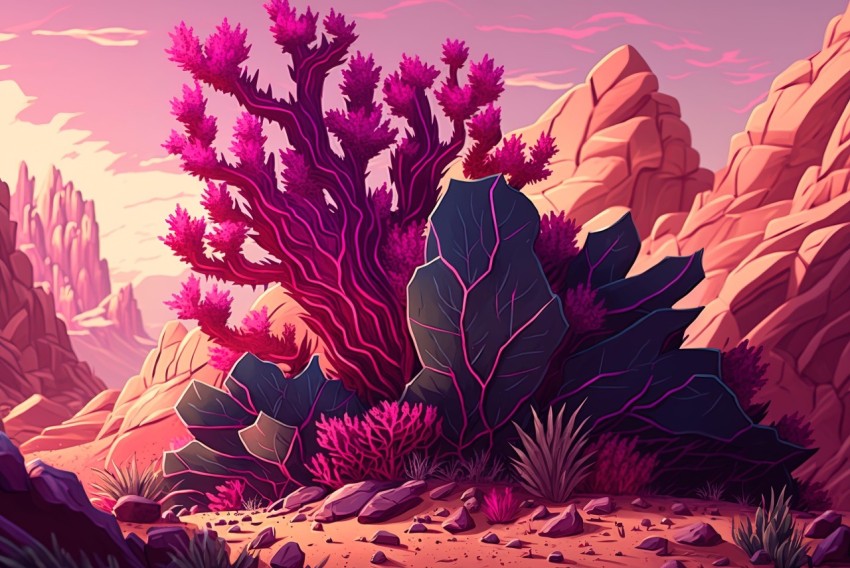 Pink Plant in Desert: Colorful Landscapes Illustration