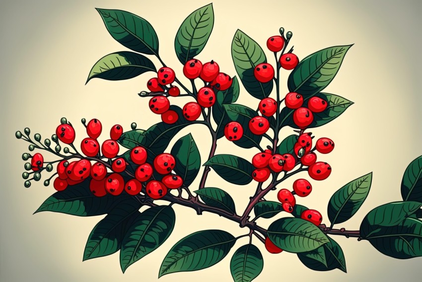 Vintage Comic Style Illustration of Branch with Red Berries and Green Leaves