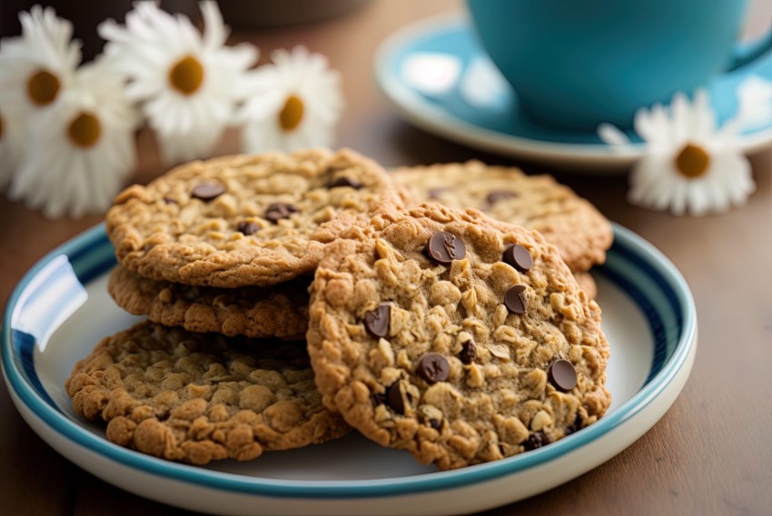 Delicious Cookies on a Plate Next to a Cup of Coffee