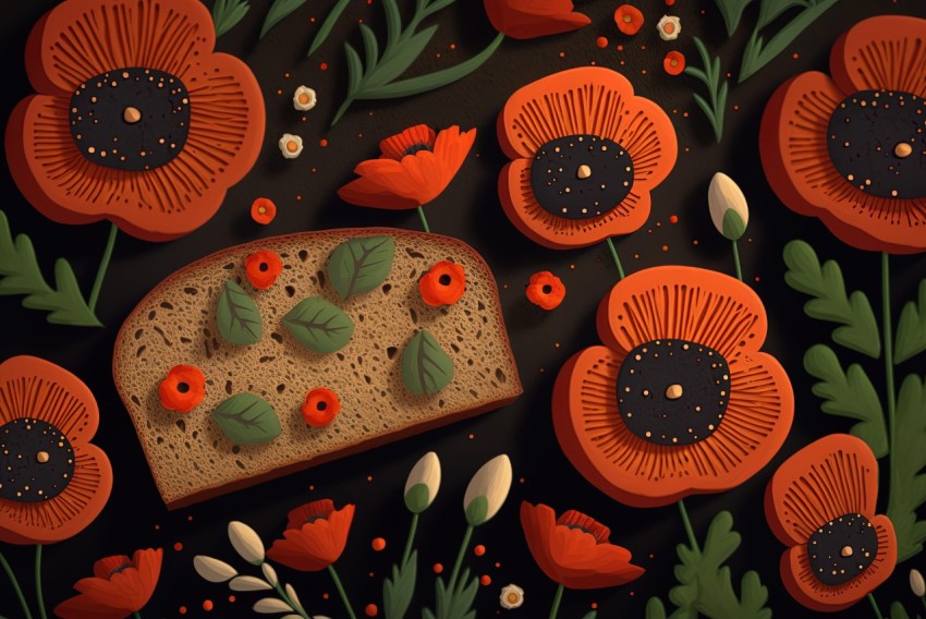 Poppy Illustration with Bread | Folk-inspired Sketchfab Style