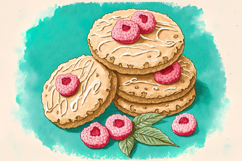 Stack of Cookies with Raspberries | Nostalgic Illustration