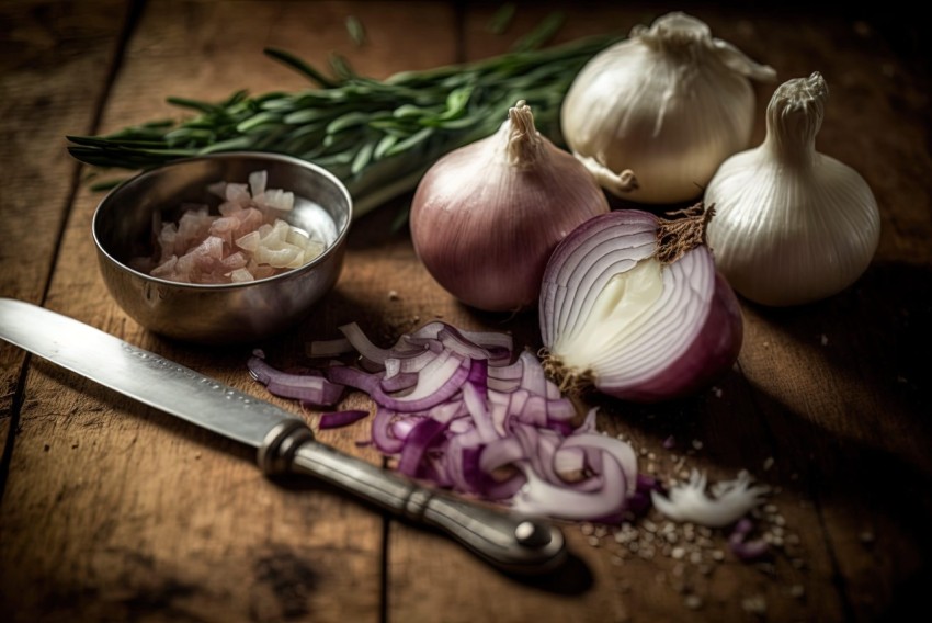 Gourmet Inspiration: Onions, Garlic, and Herbs on Wooden Background