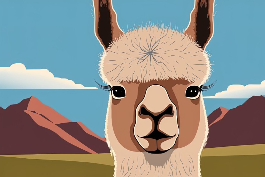 Cartoon Alpaca with Mountain Background - Detailed Portraiture