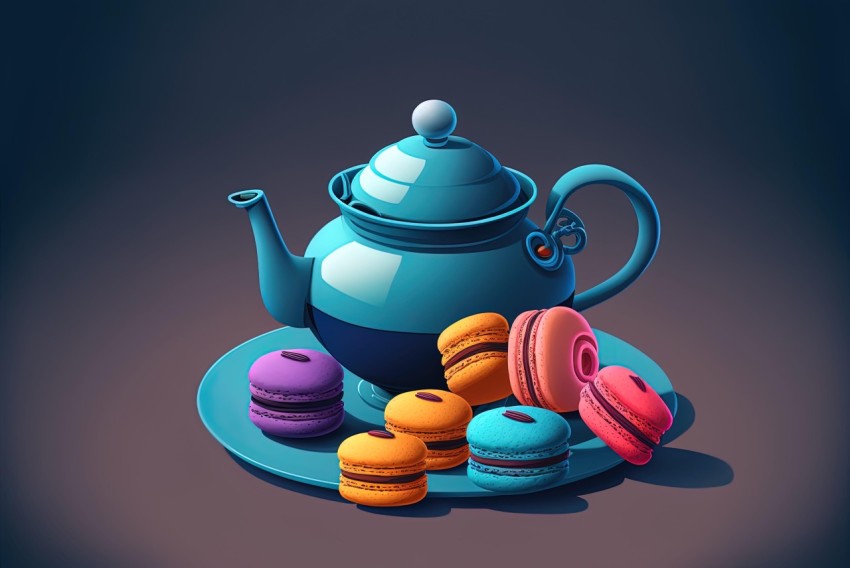 Colorful Teapot with Macarons on Blue Plate | Vibrant Character Design