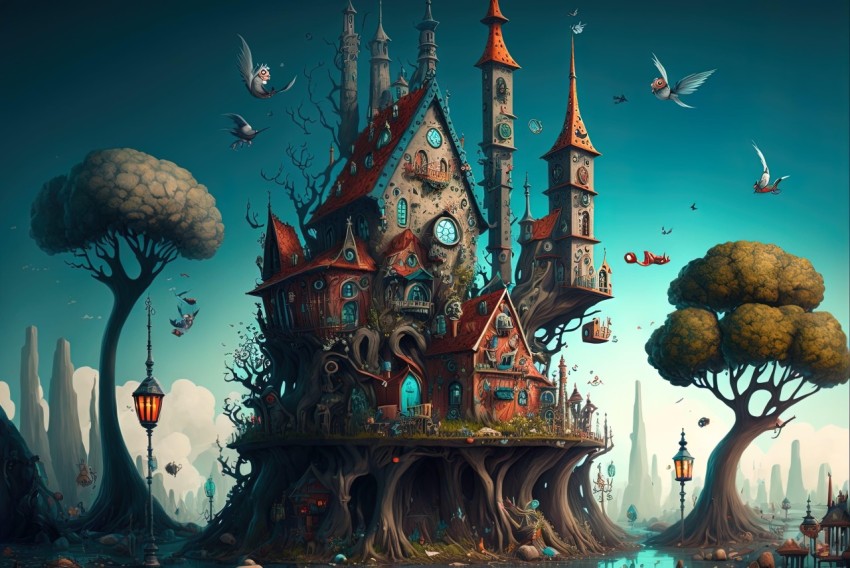 Whimsical Structure with Birds and Trees | Cartoon Realism
