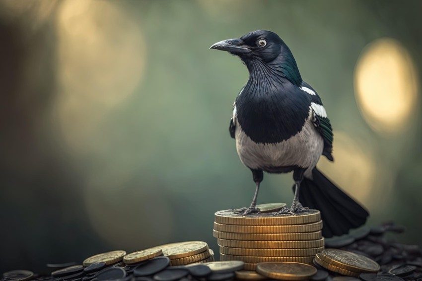 Opulent Magpie on Coins: Wildlife Photography with a Vintage Twist