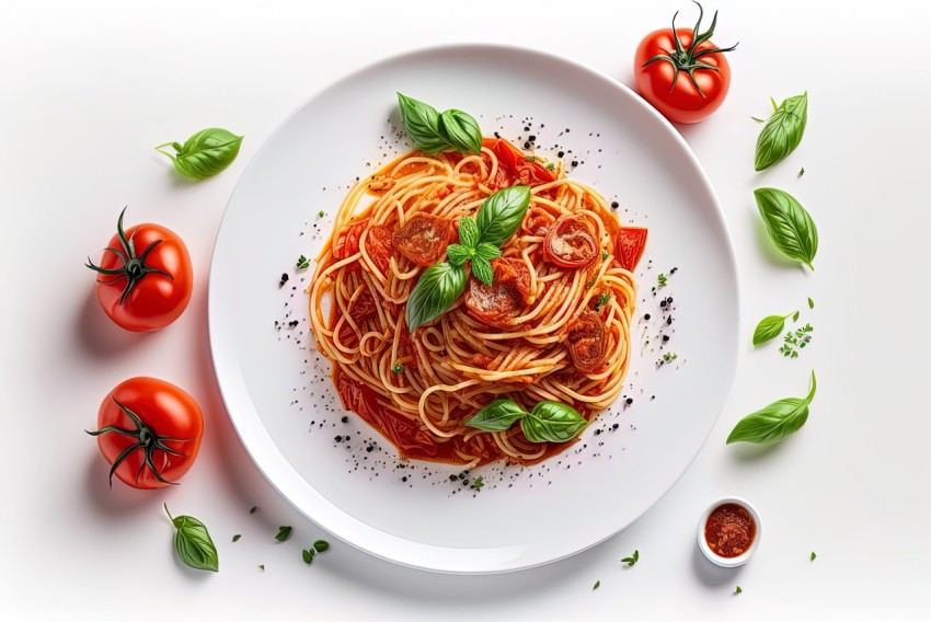 Delicious Spaghetti with Tomatoes on a White Plate