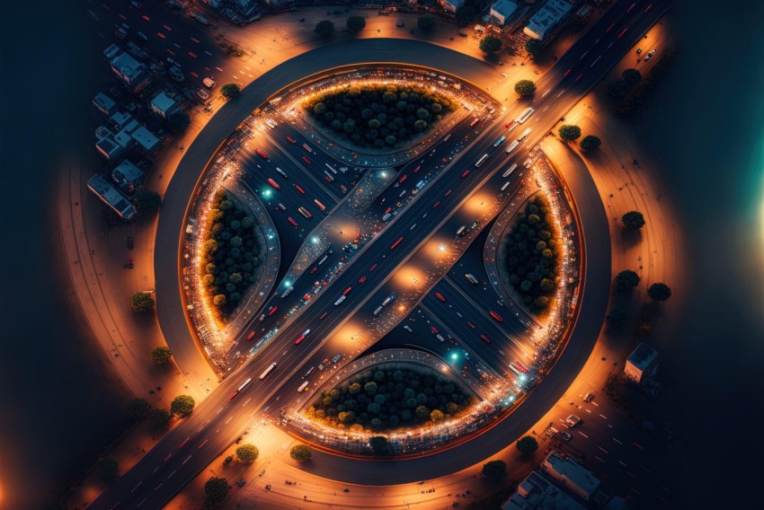 Nighttime Aerial View of City Intersection with Circular Shapes