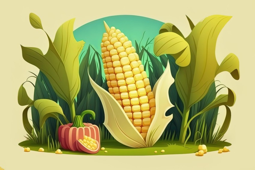 Realistic Landscape Illustration of Corn and Pumpkins