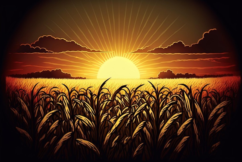 Mesmerizing Corn Field Sunset Illustration - Hyper-detailed Graphic Art