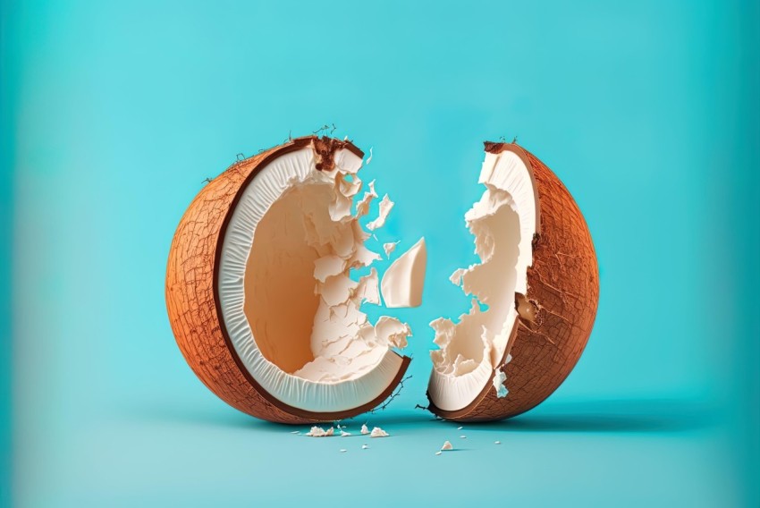 Cracked Coconut on Blue Background | Structured Chaos Rendering