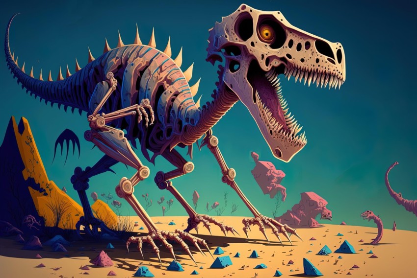 Surreal Cyberpunk T-Rex Battle in Desert - Comic Book Style