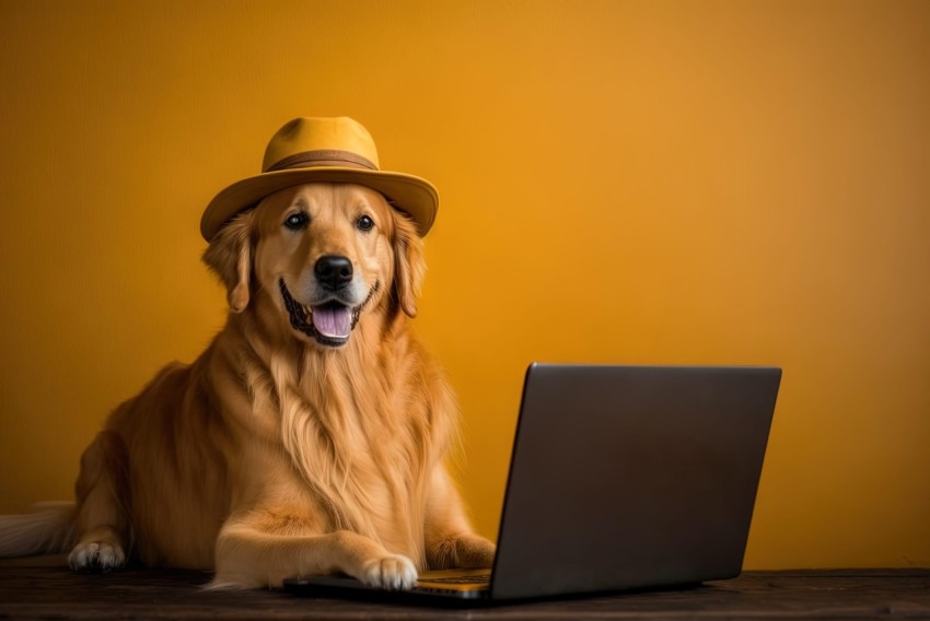 Golden Retriever Dog with Hat and Laptop on Yellow Background