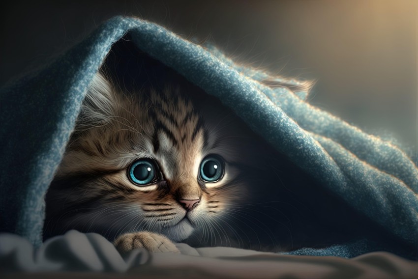 Curious Kitten Peeking Out from Underneath a Blanket - Artistic Illustration