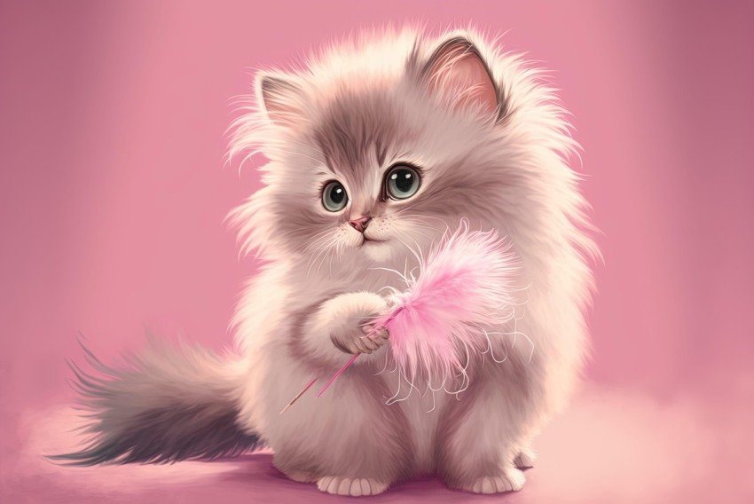 Whimsical Kitten Artwork with Pink Feather - Pictorial Delight