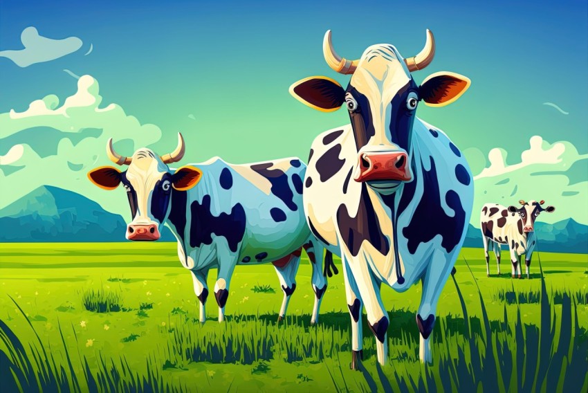Pop Art-Inspired Illustration of Cows in a Grassy Field