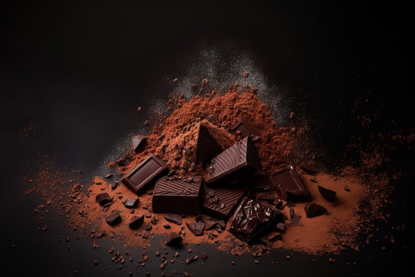 Scattered Composition of Chocolate, Coffee, and Cocoa on a Dark Brown Background