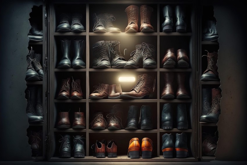 Boots in Open Closet: Realistic Chiaroscuro Lighting