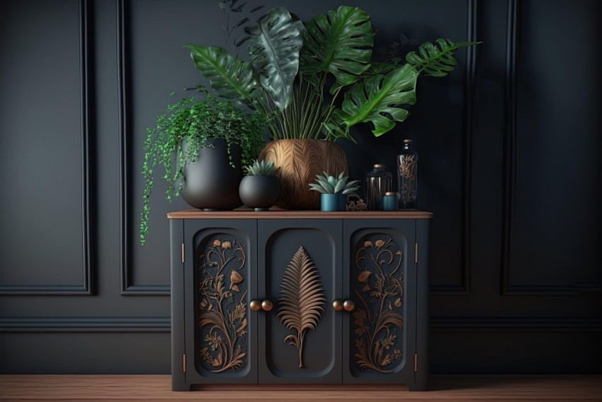 Intricate Foliage: 3D Rendered Black Cabinet with Plants and Metalware