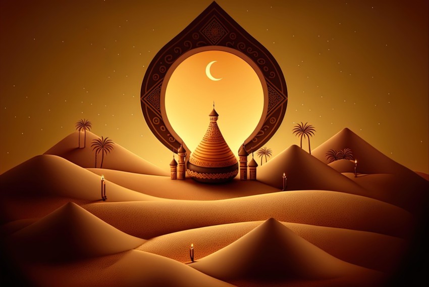 Islamic Holy Festival in Arabic Mosque: Illusory Desert Landscape