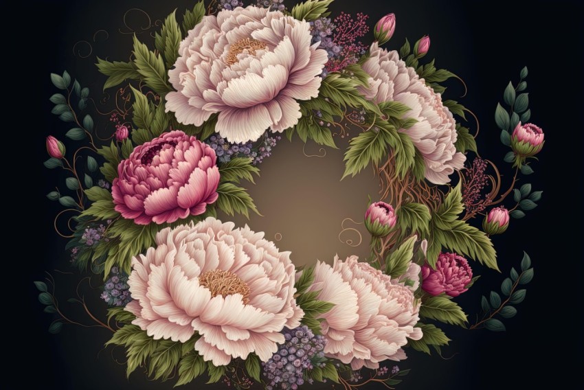 Elegant Peony Bouquet Wreath on Black Background