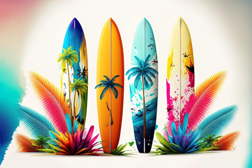 Tropical Surfboards and Palms: Highly Detailed Illustrations