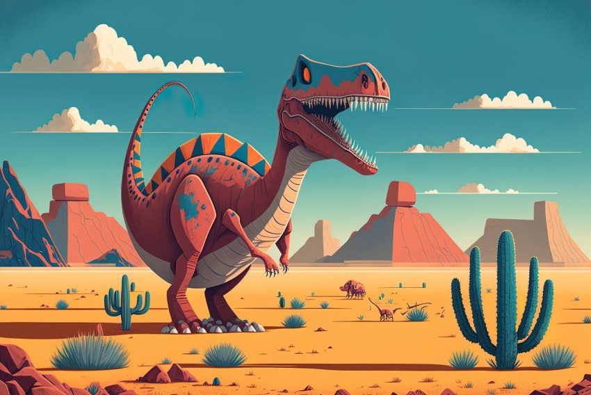 Bold Graphic Illustration of a Dinosaur in a Desert Landscape