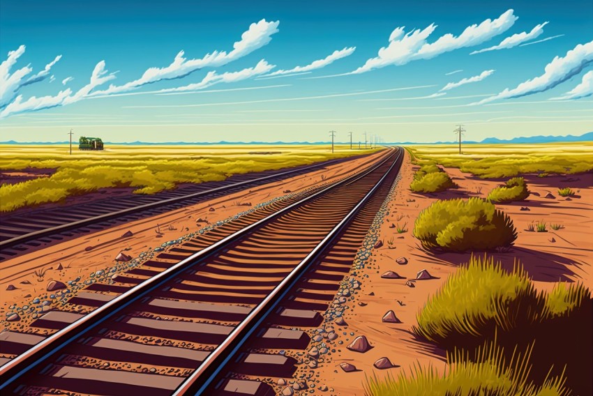 Hyper-Detailed Illustration of Train Tracks in the Countryside