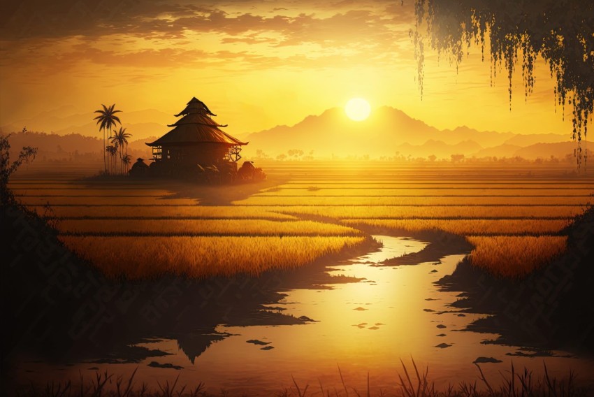 Asian Village by Water with Temple | Sunset Speedpainting