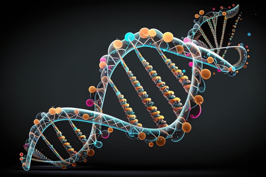 Colorful 3D Rendered DNA Molecule on Black Background