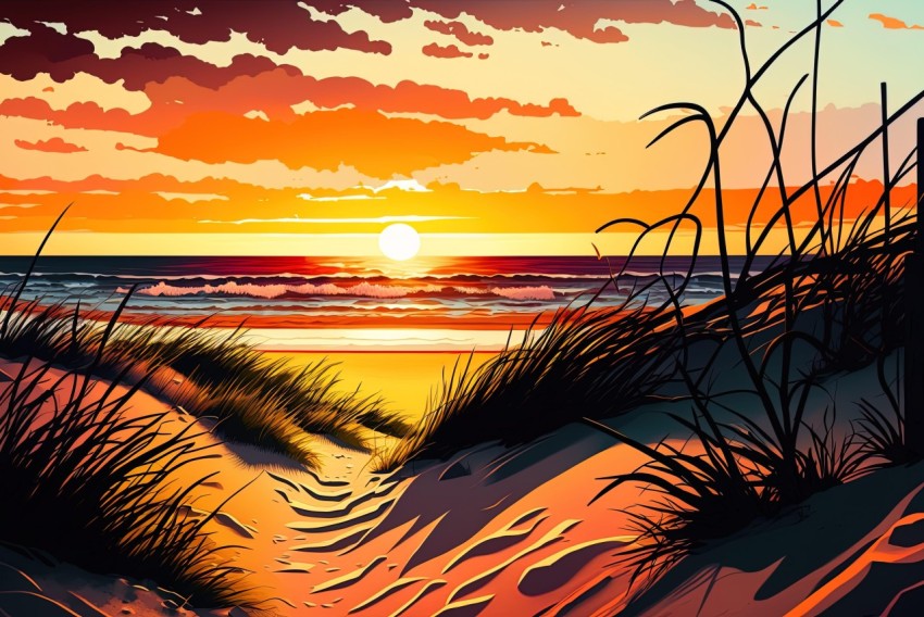 Desert Beach Illustration: Romantic Seascapes in Orange and Amber