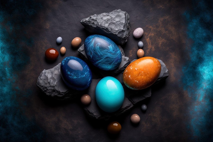 Colorful Easter Eggs with Rocks - Dark Amber and Azure | Pulp Sci-Fi Still Lifes