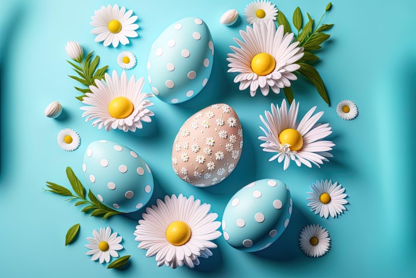 Blue Easter Eggs and Daisies on Textured Background