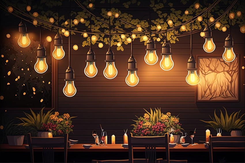 Decorative Table with Flowers and Lights Hanging from Lightbulbs