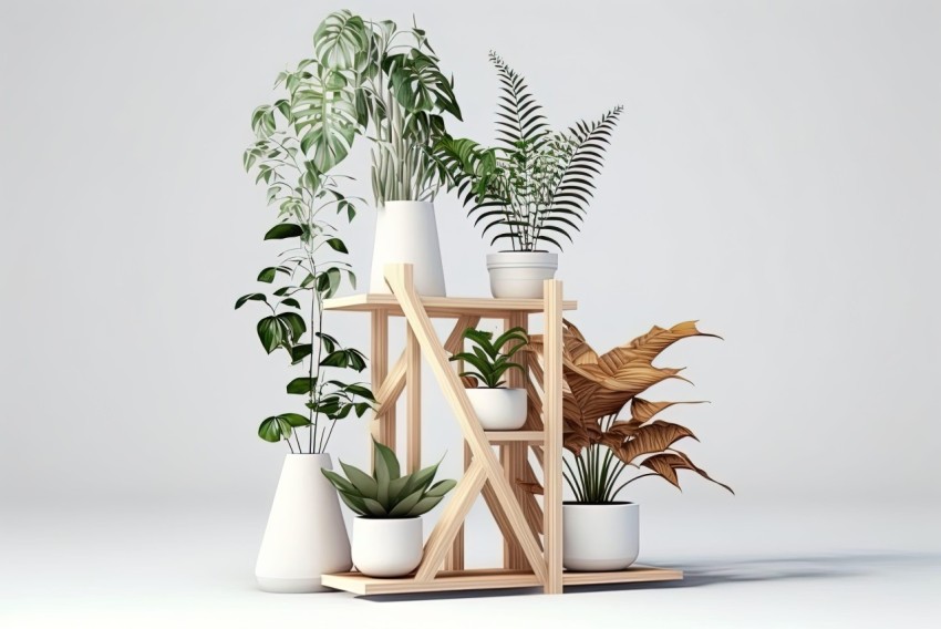 Detailed Indoor Plant Stand with Various Plants - Natural Wood Design