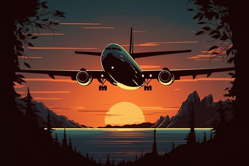 A Stunning Sunset Flight Over the Majestic Mountains - Pop Art Illustration