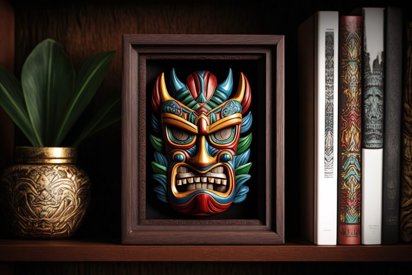Colorful Tiki Mask Framed on Shelf - Hyper-Detailed Artwork