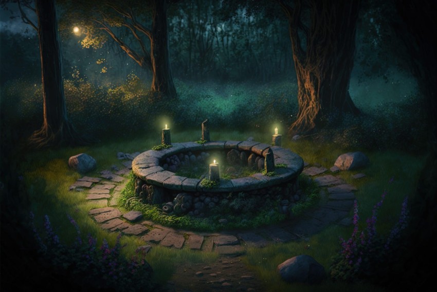 Enigmatic Forest Magic: Captivating Candlelit Circle in Ethereal Beauty