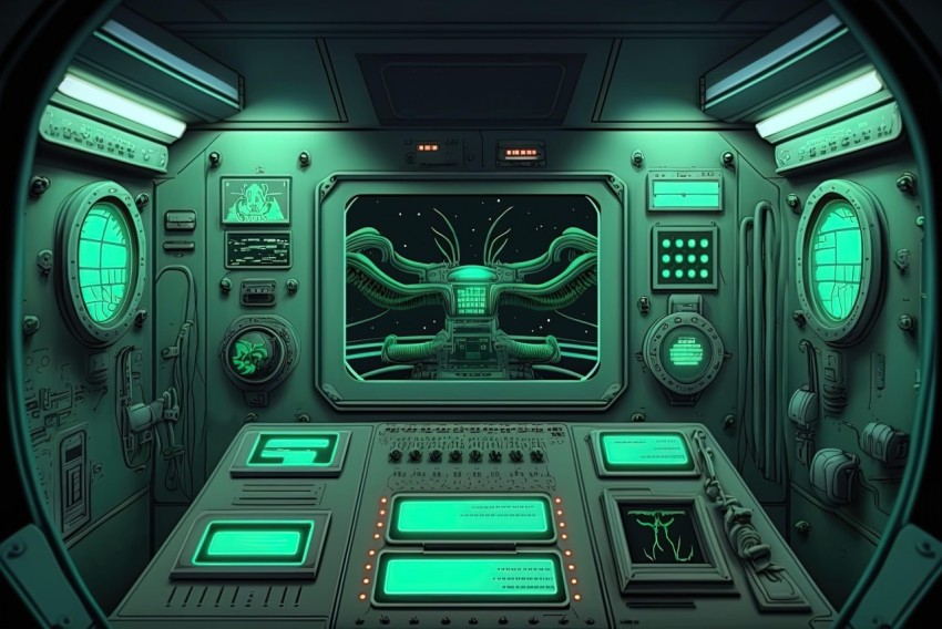 Futuristic Sci-Fi Cockpit: Dark Cyan and Green Cartoon Compositions
