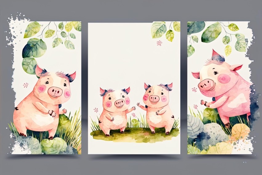 Watercolor Pig Banners: Lively and Charming Illustrations