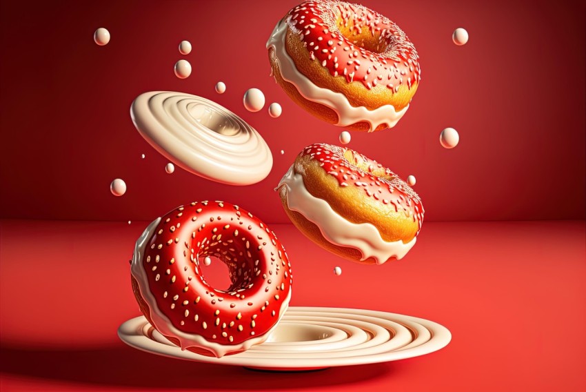 Delicious Donuts Falling from a Plate on a Vibrant Background